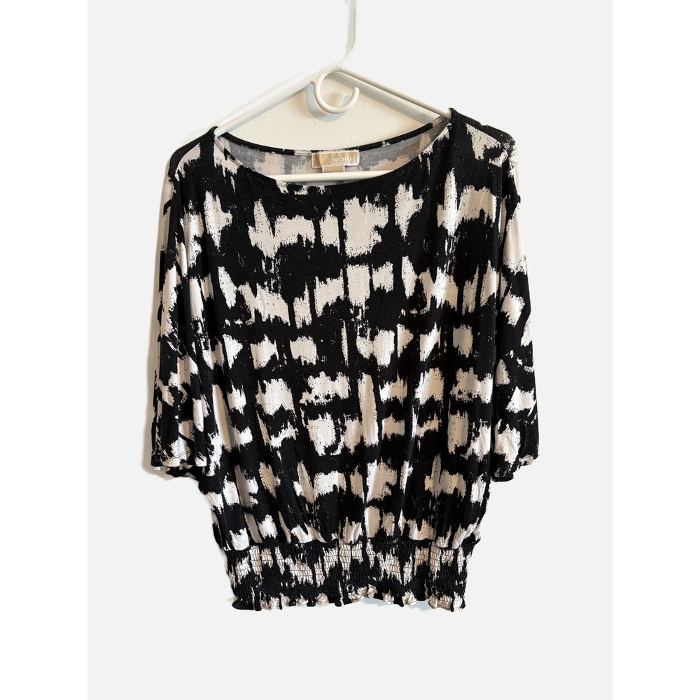 Michael Kors Black and White Abstract Print Blouse Boat Neck Dolman Sleeves Med